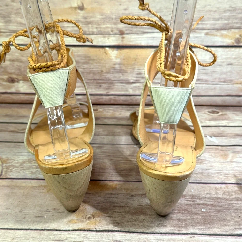 Loeffler Randall Womens Tan Leather Wooden Heel Open Toe Sandals 10